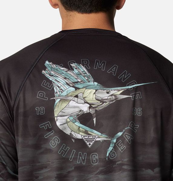 Men Columbia Super Terminal Tackle PFG™ Fish Flow Long Sleeve T-Shirt Black | US-HFYLMW-420