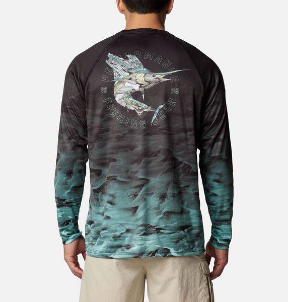 Men Columbia Super Terminal Tackle PFG™ Fish Flow Long Sleeve T-Shirt Black | US-HFYLMW-420