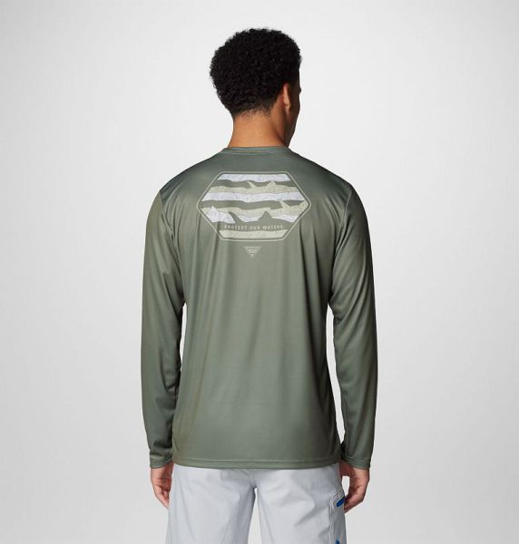 Men Columbia Terminal Tackle PFG™ Line Time Long Sleeve T-Shirt Grey / Green | US-NIUCOA-237